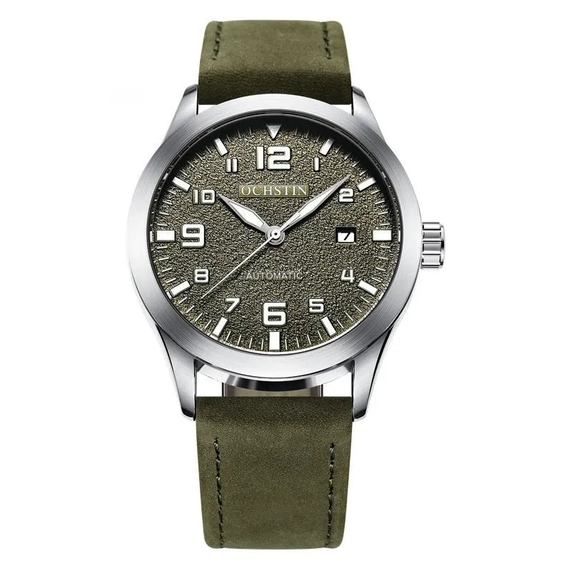 Men's retro automatic watch with leather strap on wrist