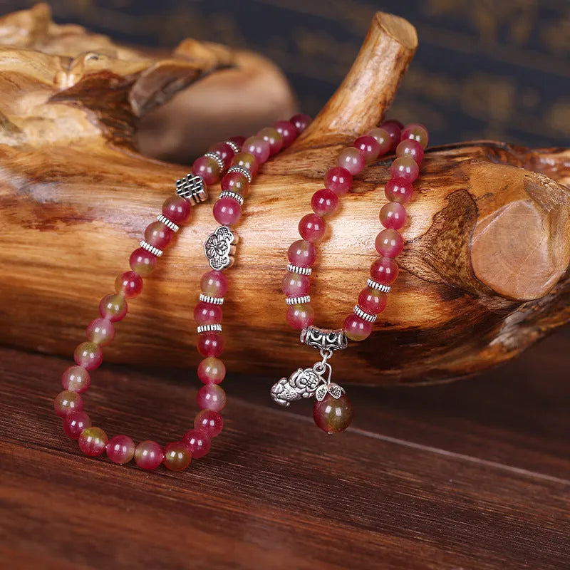 Handmade natural watermelon crystal bracelet with Chinese knot fastening and geometric beads
