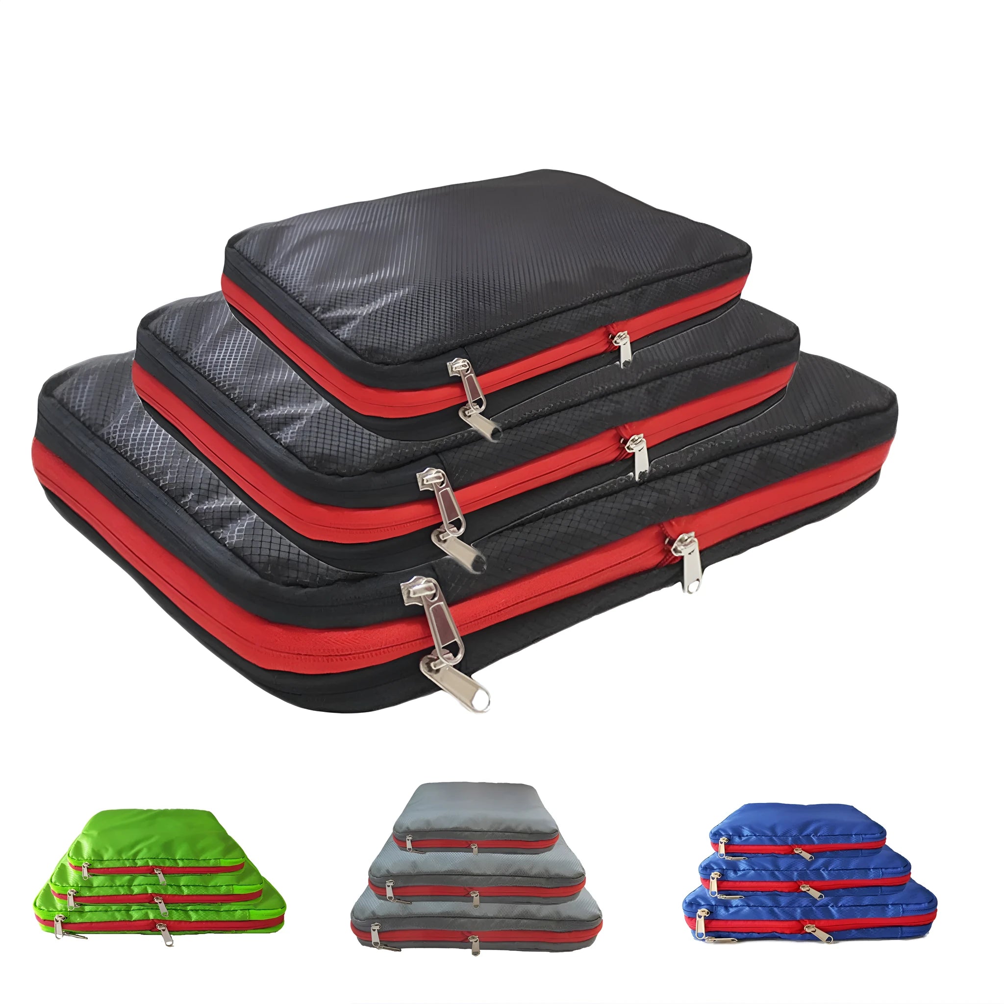 Waterproof nylon travel compression storage bag in cube shape, available in green, blue, black, and grey