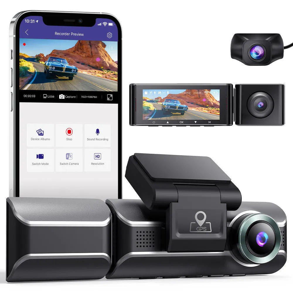 2K driving recorder with front and rear cameras, 3 inch screen, WIFI and GPS functions