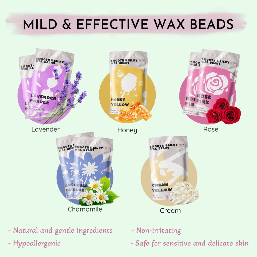 WUWUVISTA 63-piece hard wax hair removal kit with black wax warmer, beads, lotion, and tools