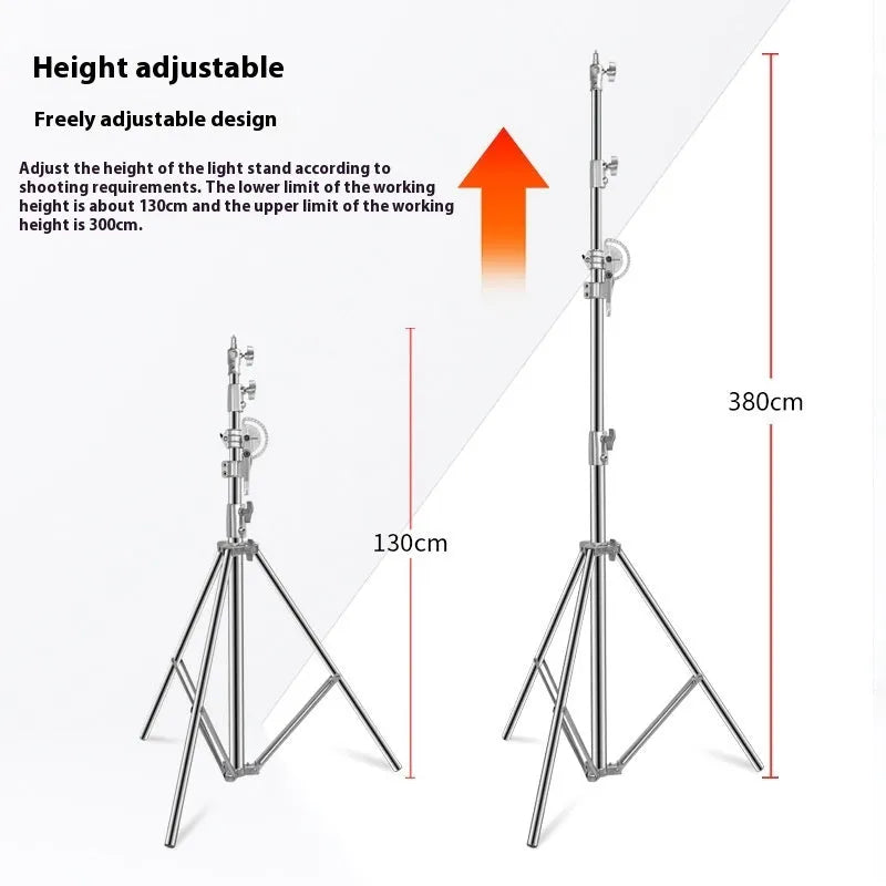 Silver stainless steel ceiling lamp rack extended to its full height with cross-arm design
