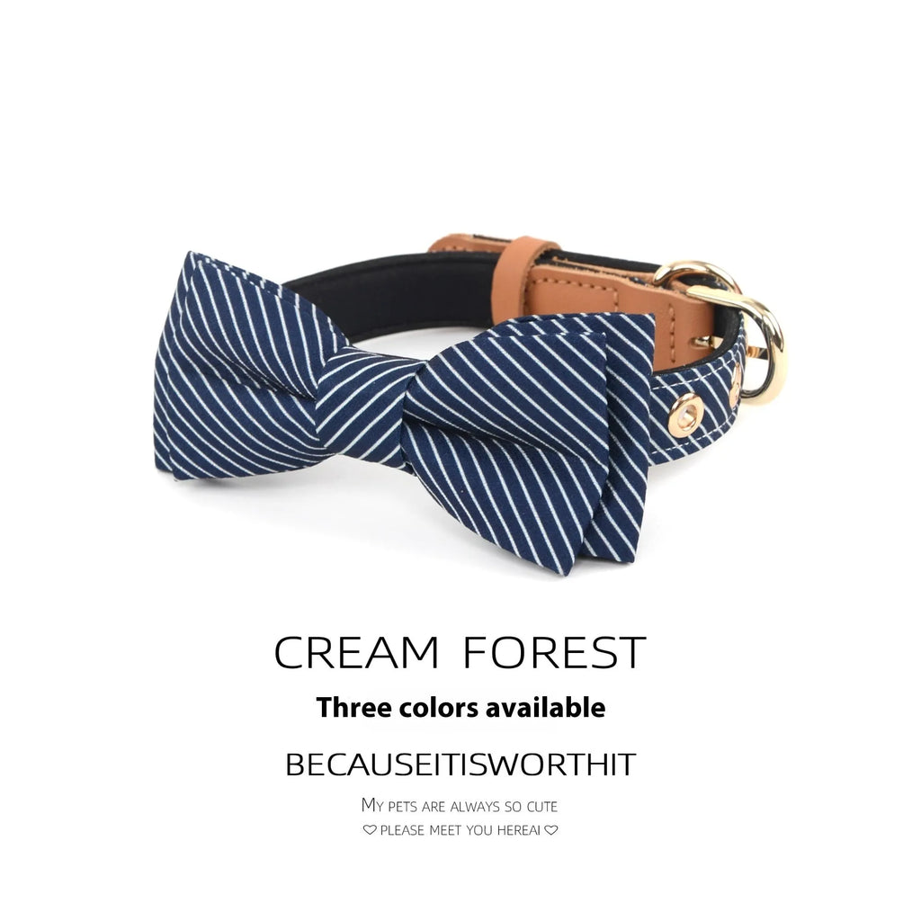 Cotton dog collar with detachable bow in dark blue colour with optional leather lettering