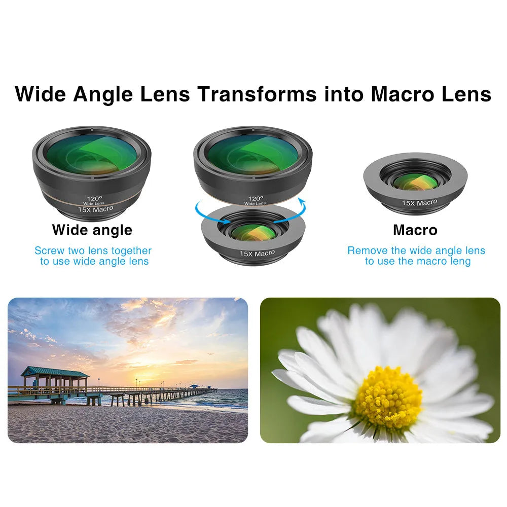 6-in-1 universal smartphone camera lens kit with aluminium housings and clip mount