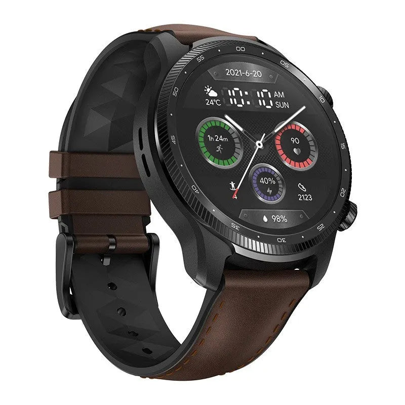 Ticwatch Pro X 47mm smartwatch with round display showing fitness metrics and call interface