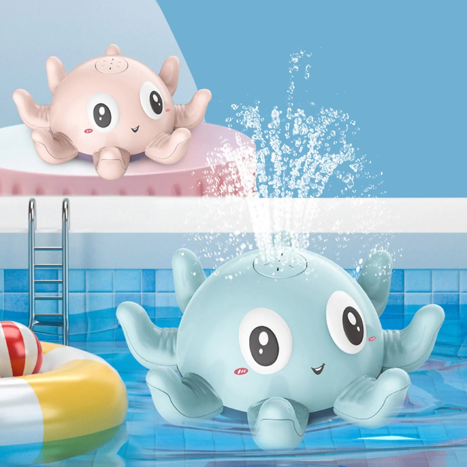 Automatic water spray bath toy with flashing lights in pink or blue colour for children's bath time