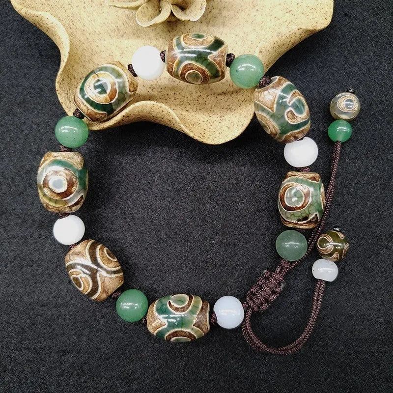 Green agate Tibetan beads bracelet with three-eye design and geometric ethnic patterns