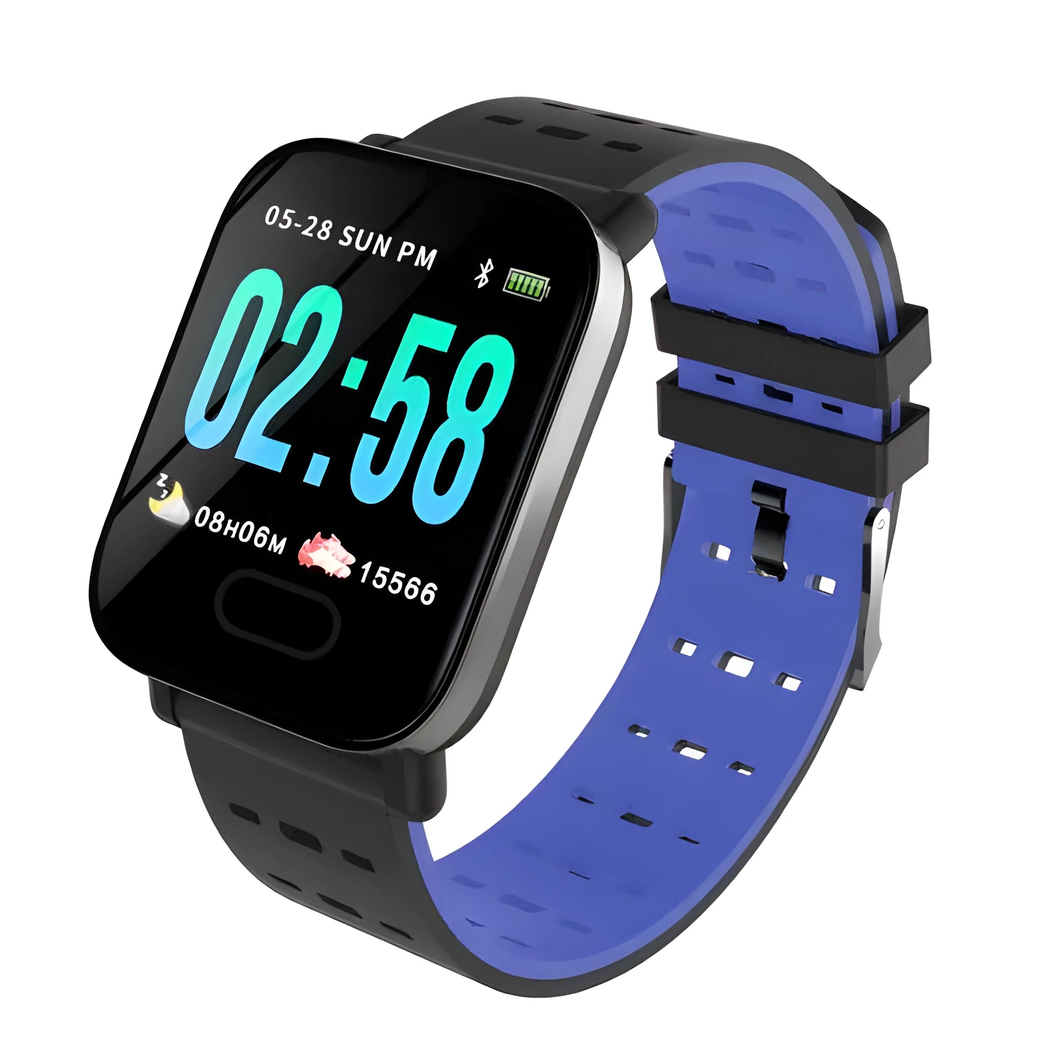 A6 smart bracelet with colour screen and silicone strap shown in black, blue, and orange colour options