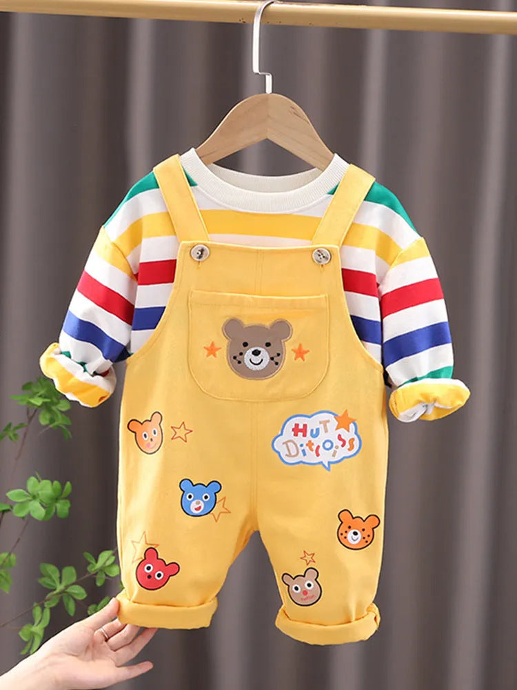 Boys' plaid top overalls suit in yellow and milky white cotton shirt and pants set for heights 80-120cm