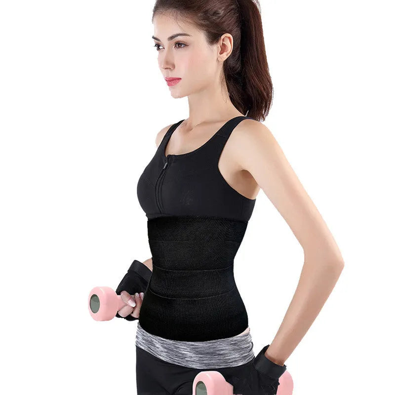 Thin black sports waist belt in nylon and polyester, 3m length, for waist protection and body sculpting