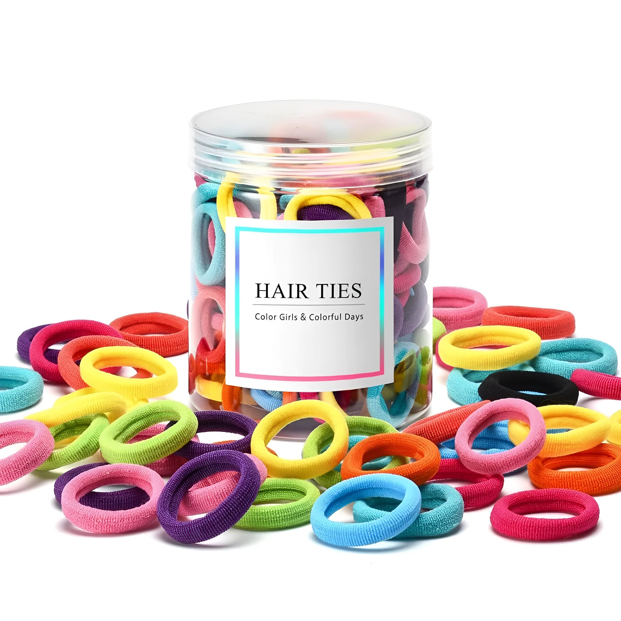 100 seamless cotton baby hair ties in multicolours showing 0.85-inch size and small jar packaging