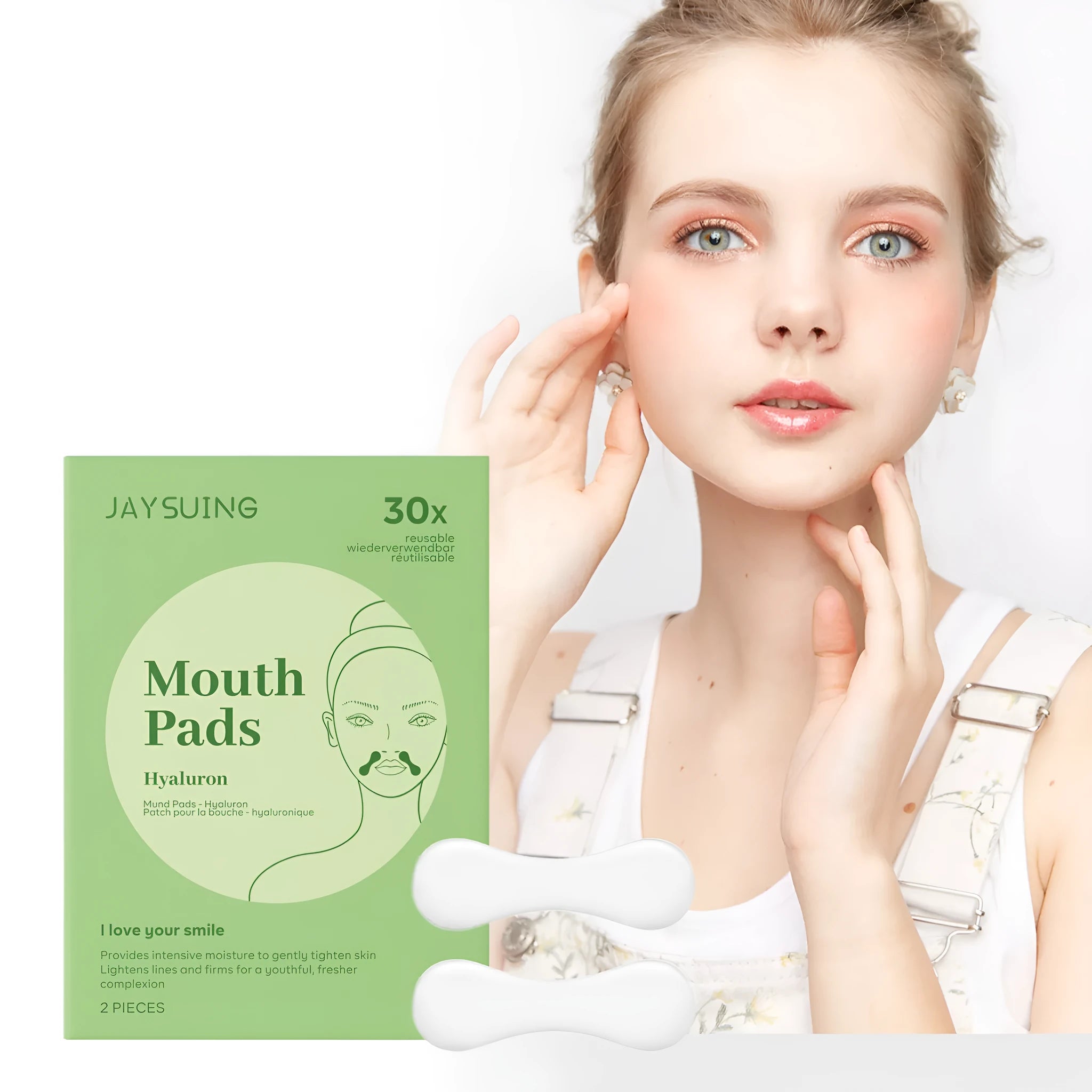 Two rectangular collagen and hyaluronic acid facial patches for skin firming care