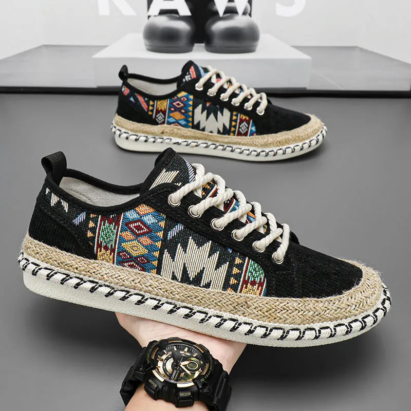 Men's casual summer shoes in cloth with round toe, shown in beige and black colour options