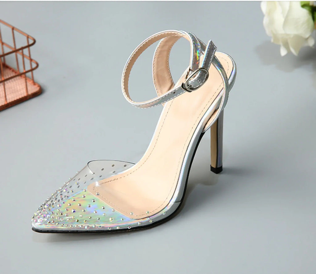 Women's pointed toe sandals with stiletto heels, diamond detail on PVC upper, shown on a size chart.