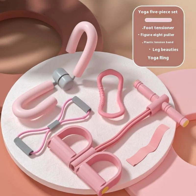 Four piece yoga fitness set showing leg stretcher, yoga ring, pedal puller and figure eight tension rope