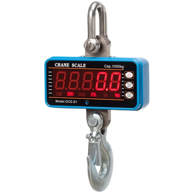 Orange electronic crane scale with digital display, shown suspended for industrial weighing.