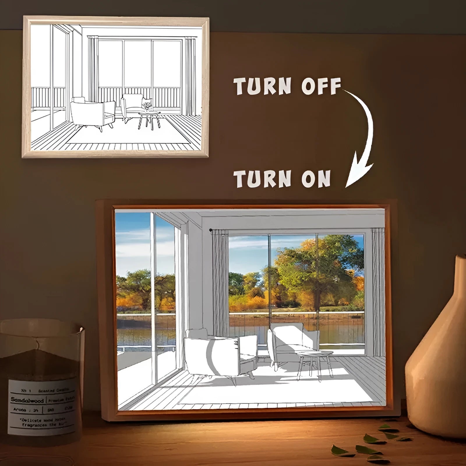 LED illuminated decorative picture with acrylic panel showing scenic artwork, USB cable connection