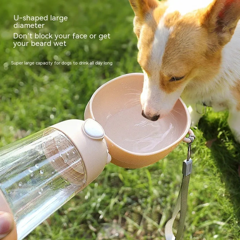 Portable dog water bottle with integrated drinking bowl in yellow, pink or brown colours