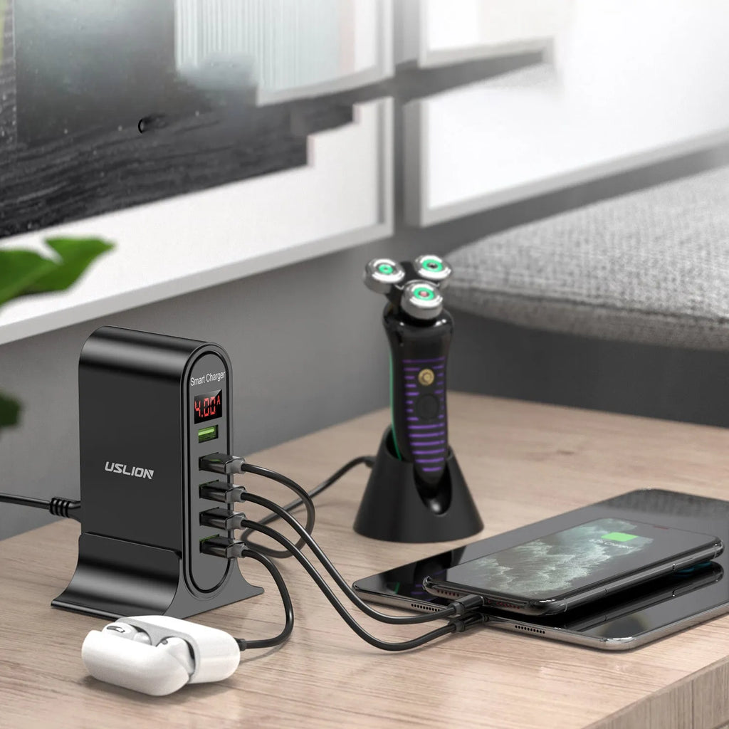 Smart LED digital display USB wall charger in black or white with selectable EU, UK, or US plug styles.