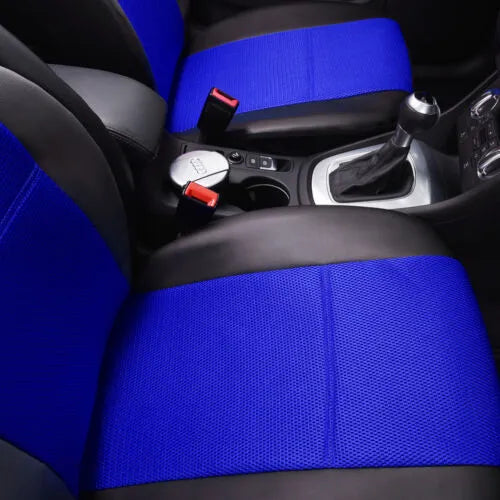 Artificial leather car seat cover set in multiple colours showing front seat, headrest, and back seat pieces.