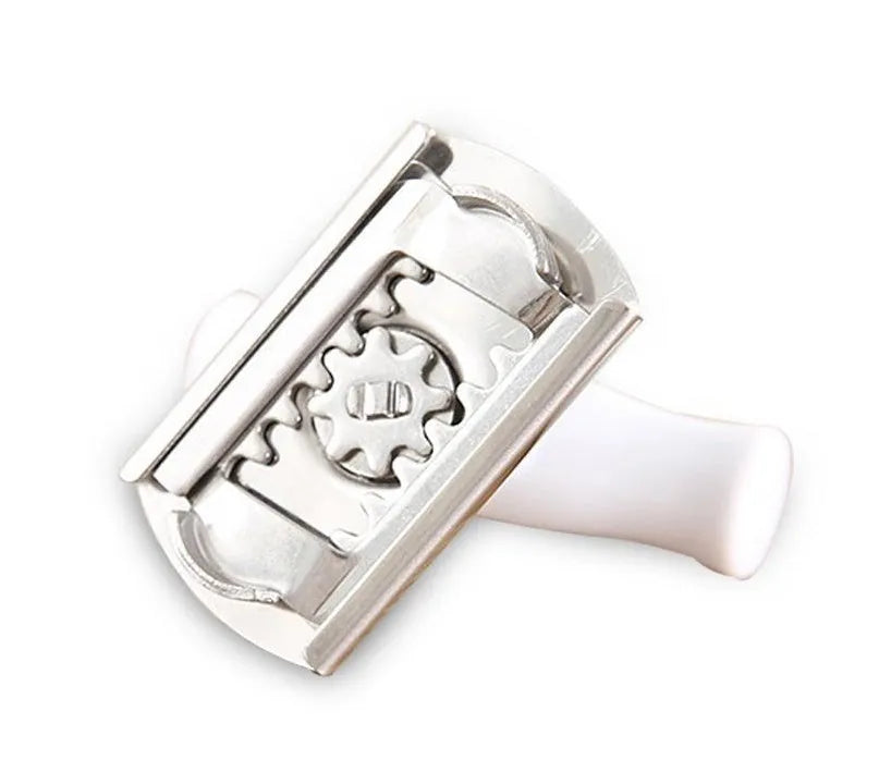 White adjustable stainless steel bottle opener with PP handle showing gear mechanism