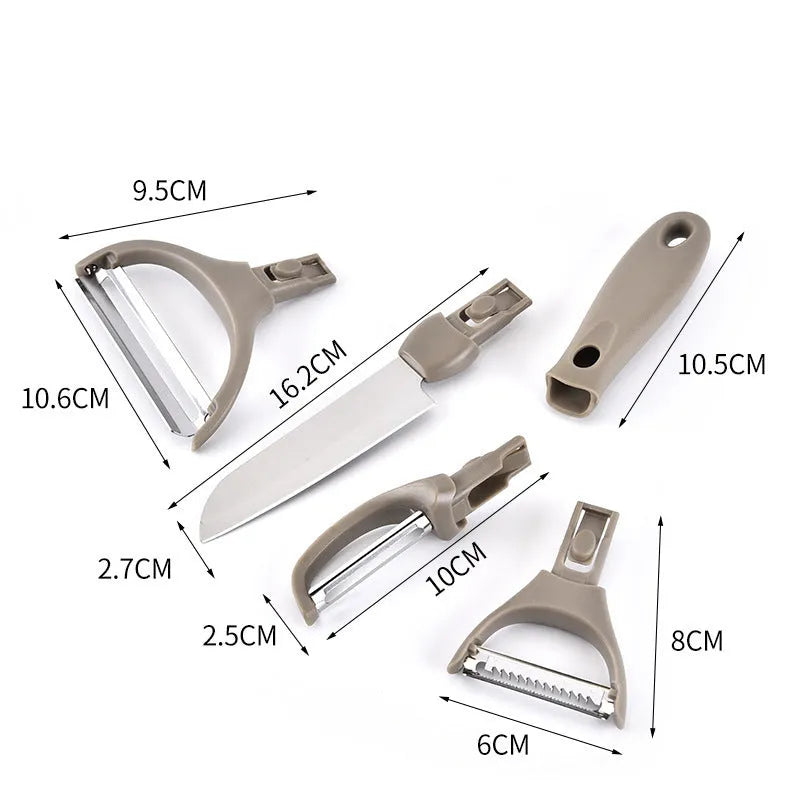 Green three-piece stainless steel kitchen cutter set with wheat straw board, fruit knife and peeler combination