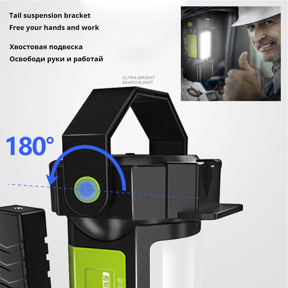 Orange portable LED work lamp with adjustable brightness, side lights, and removable battery on shoulder strap.