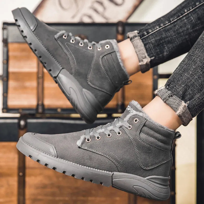 Men's winter ankle boots warm plush shoes suede upper rubber sole round toe flat heel high top front tie solid colour black grey yellow