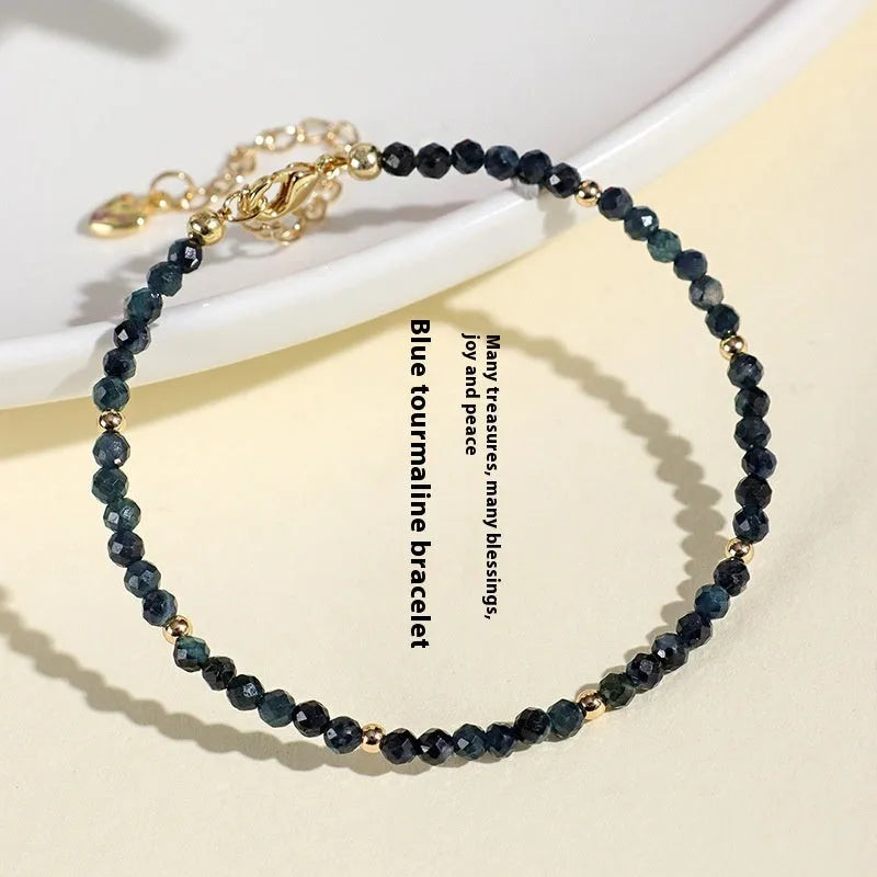 Blue tourmaline bracelet with 3mm beads and spacer design for women