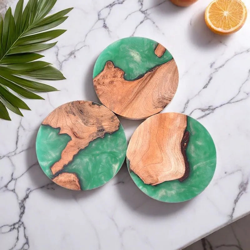 Nordic style wooden Kung Fu tea coaster in solid colour with irregular round shape