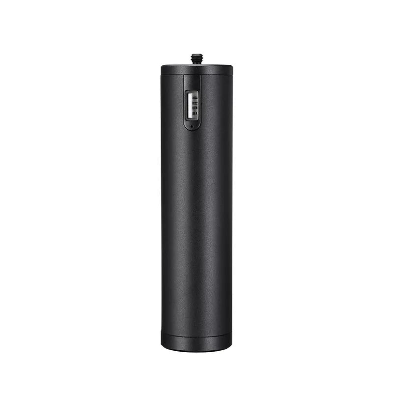 Black aluminium alloy charging treasure handle portable power bank showing size and USB port.