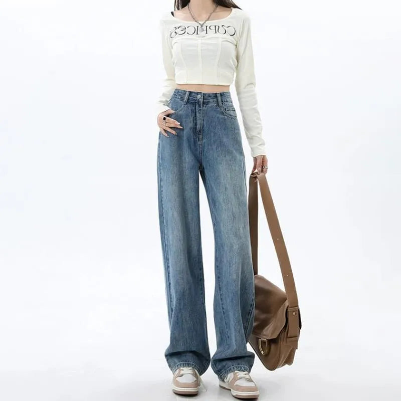 Retro blue high-waist wide-leg jeans for women on a hanger.