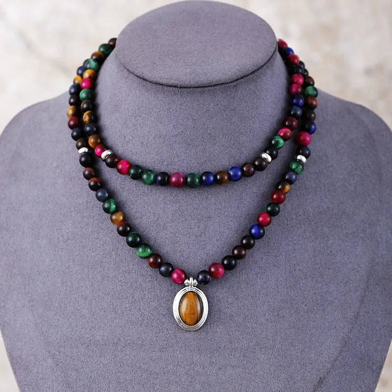 Handcrafted colour tiger-eye 108 pendant meditation necklace and bracelet with mixed gem inlay and symbolic designs