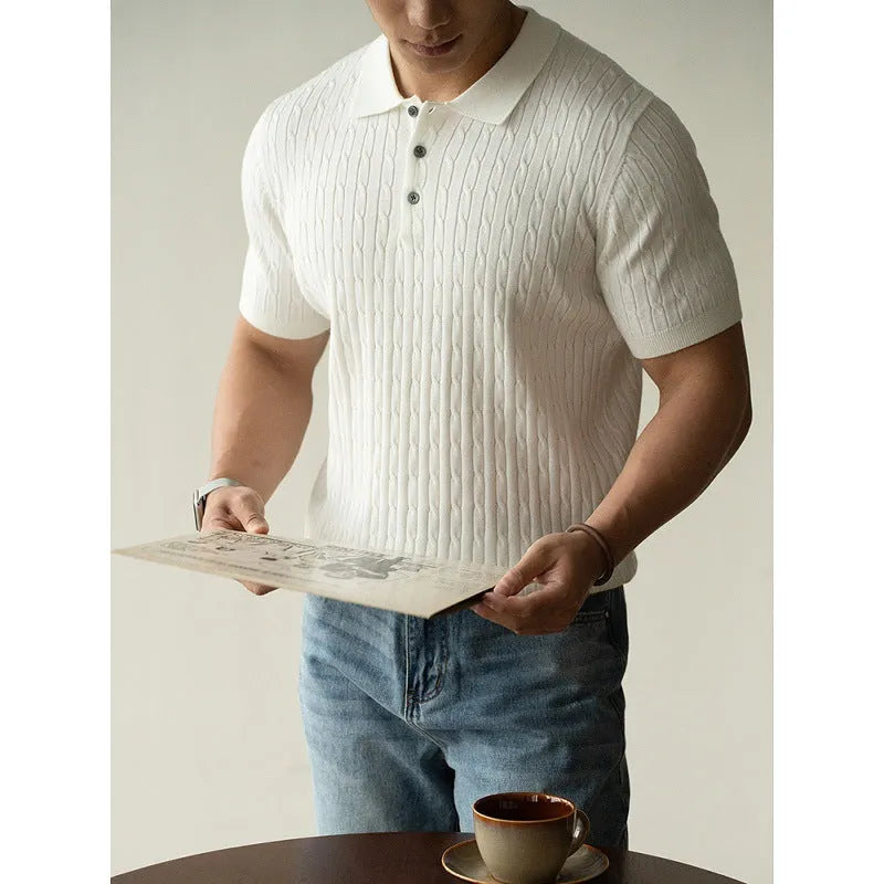 Man wearing a khaki short sleeve blend fabric top suitable for business commute.