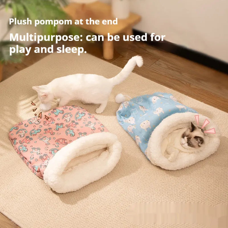 Blue rabbit print flannel cat sleeping bag nest measuring 50cm by 40cm