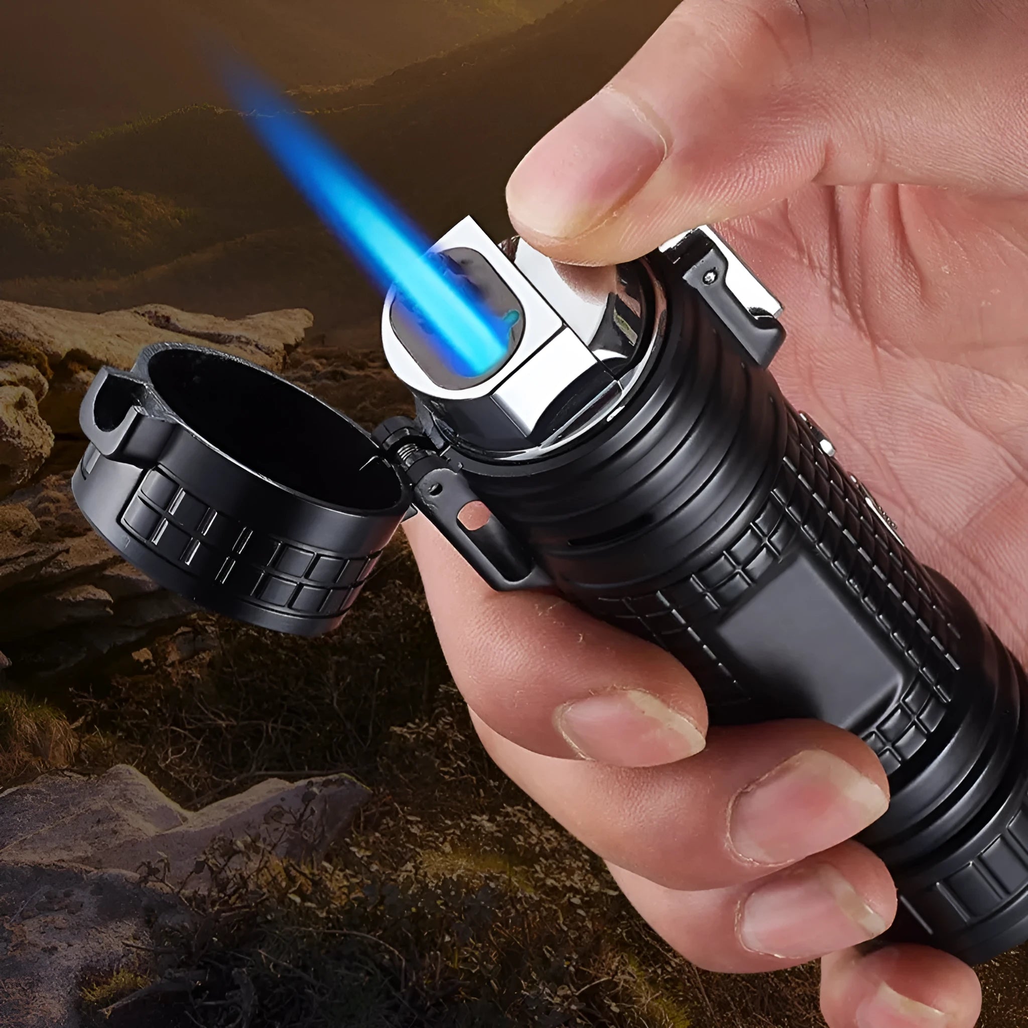 TH727 multi-function metal flashlight lighter shown in camouflage, red, black, blue, and yellow colour options.