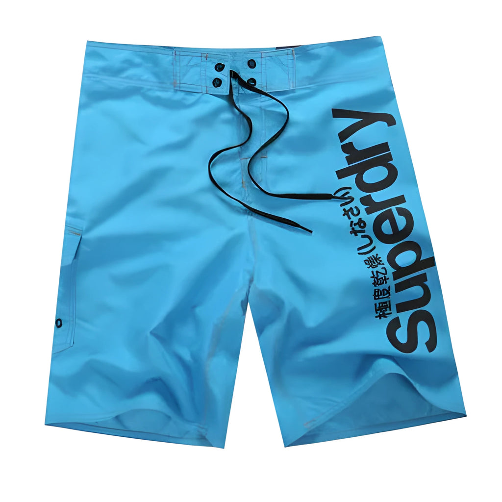 Men's striped polyester quick-dry beach shorts available in black colour, for sports and swimming