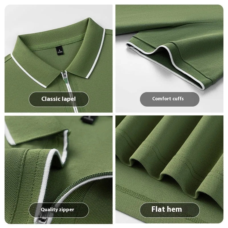Men's solid colour polo shirt with a zipper collar and short sleeves in a casual style.