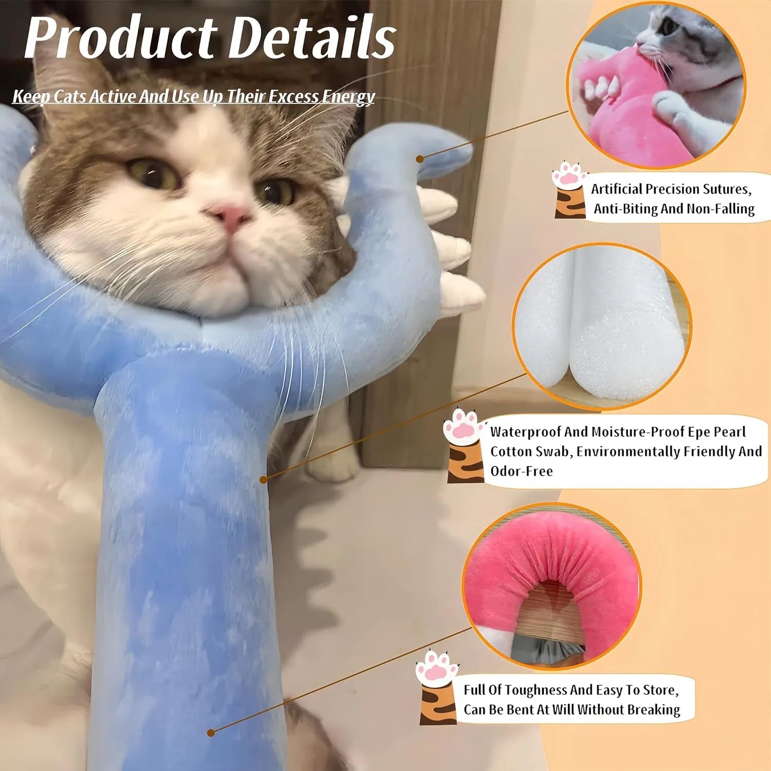 70cm plush cat wand toy in blue and pink colours for interactive indoor play