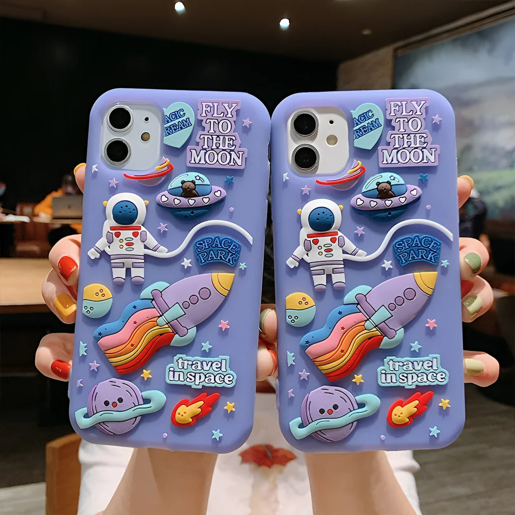 Purple silicone iPhone case with cartoon astronaut design for iPhone 11, XR and XS Max models