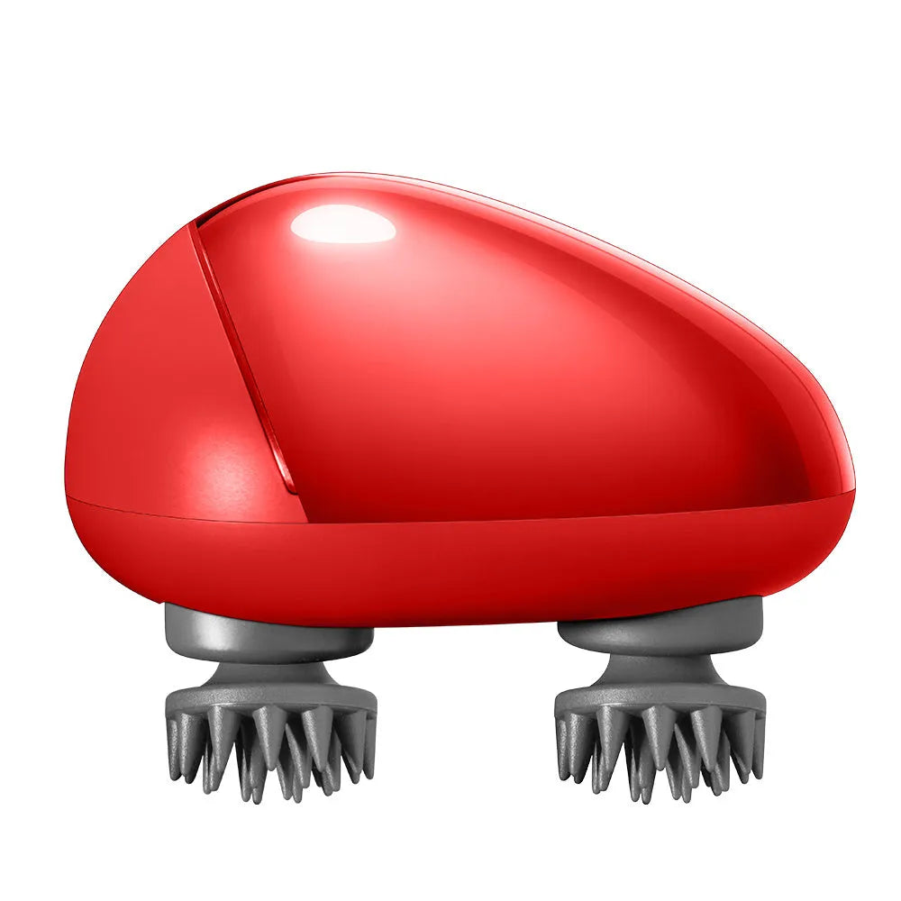 Red handheld electric scalp massager with silicone nodes, showing dimensions 110mm by 120mm.