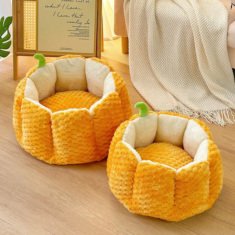Pumpkin-shaped pet nest mat with raised sides and cotton filling for cat bedding in two sizes