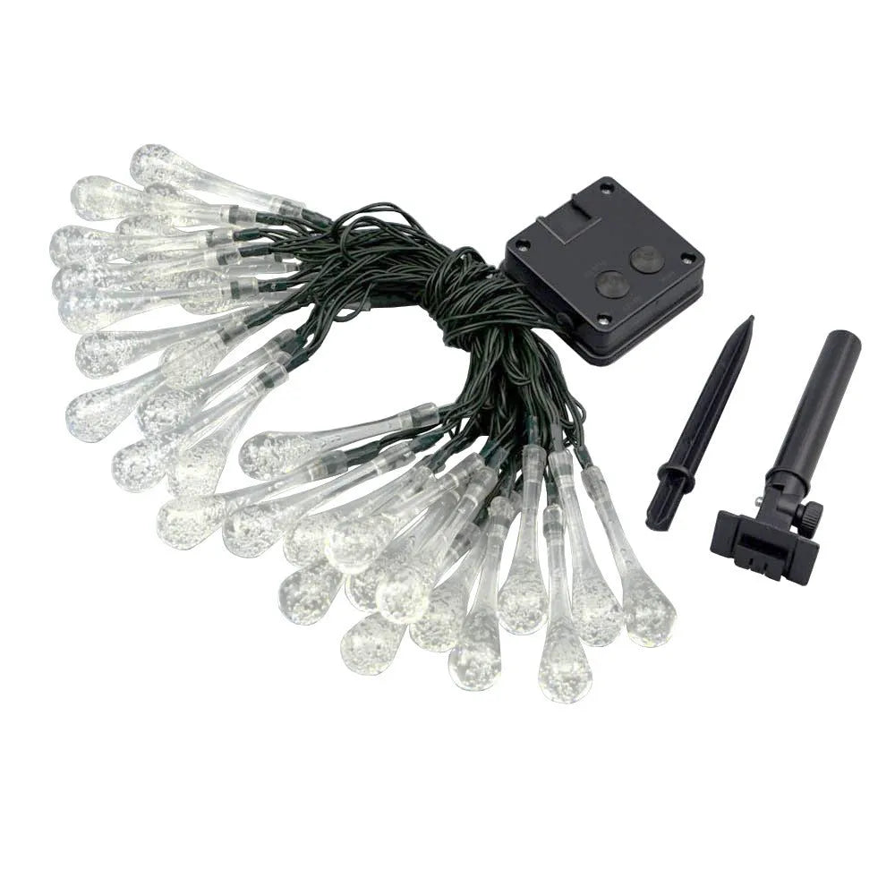 Outdoor solar LED string lights with water drop pendants on a 6.5 metre cable.