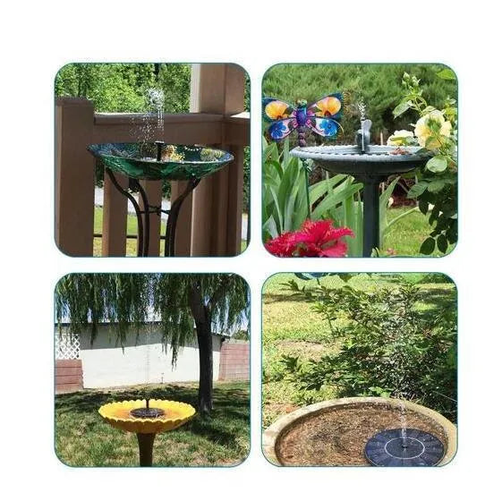 Black solar-powered fountain pump with four spray nozzles for garden birdbaths and ponds