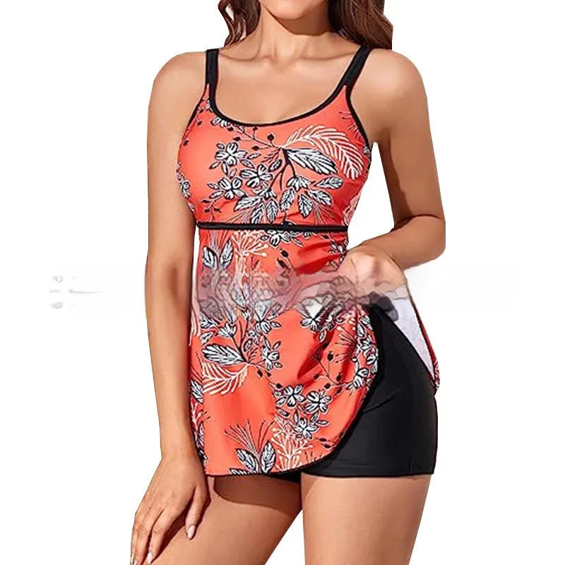 Plus size women's split swimsuit in leopard print with high waist and backless design
