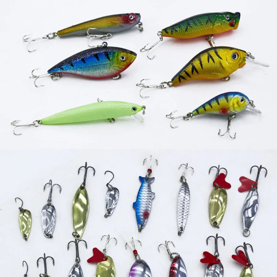 132-piece rose red fishing lure set with soft baits and steel hooks in compact packaging