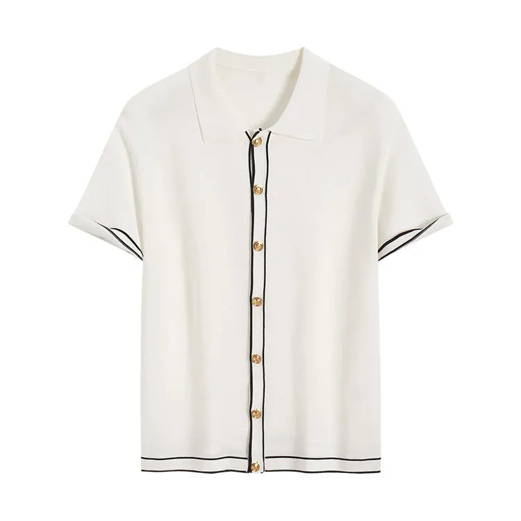 White short sleeve cardigan with contrasting lapels in Old Money style.