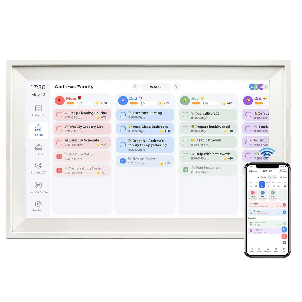 White 15.6 inch smart digital photo frame with full HD display and app connectivity