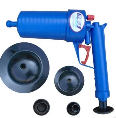 Plastic air power drain blaster gun with handle and four different-sized suction cup adaptors for clearing pipe blockages.