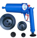 Plastic air power drain blaster gun with handle and four different-sized suction cup adaptors for clearing pipe blockages.